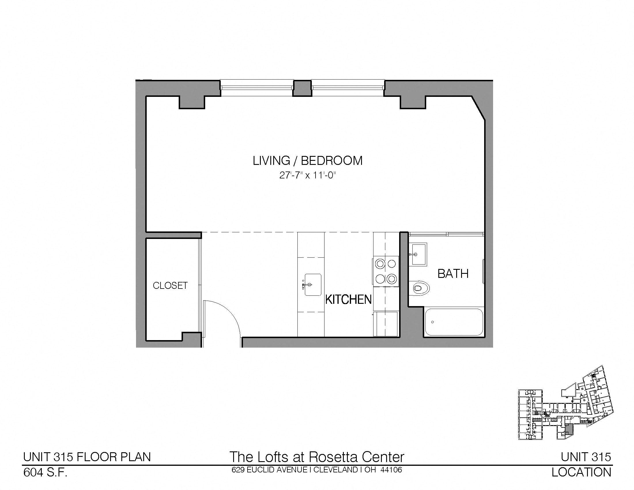 Floor plan for studio, 1 bath, 604 sqft